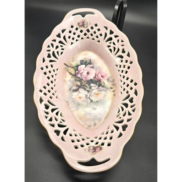 Vintage Porcelain Pink Oval Dish Reticulated Edges Floral Rose Design JJ3903 - Picture 3 of 8